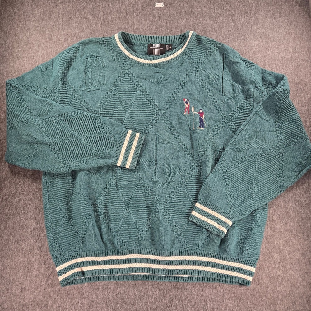 Vintage Expressions Golf Sweater Mens XL Green Embroidered Cotton Knit Pullover